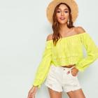 Romwe Neon Lime Eyelet Embroidered Bardot Top