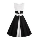 Romwe Bow Belted Combo Flare Dress