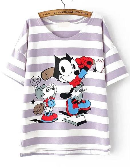 Romwe Mouse Baseball Print Striped Purple T-shirt