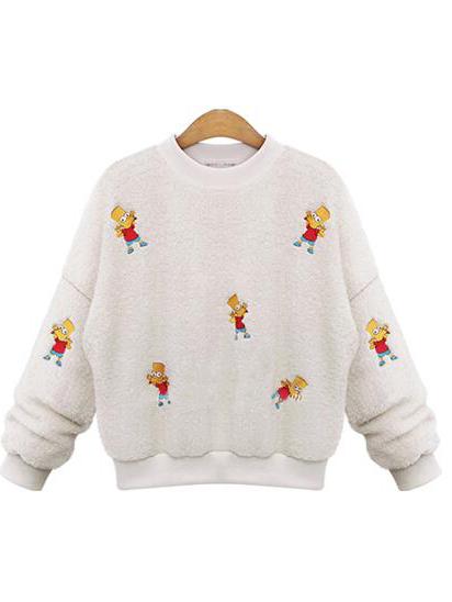 Romwe Round Neck Cartoon Print White Sweatshirt