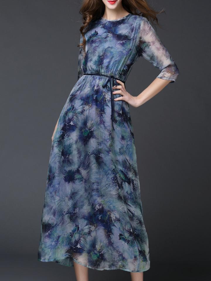 Romwe Navy Ink Tie-waist A-line Dress