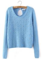 Romwe Blue Diamond Embroidered Sweater
