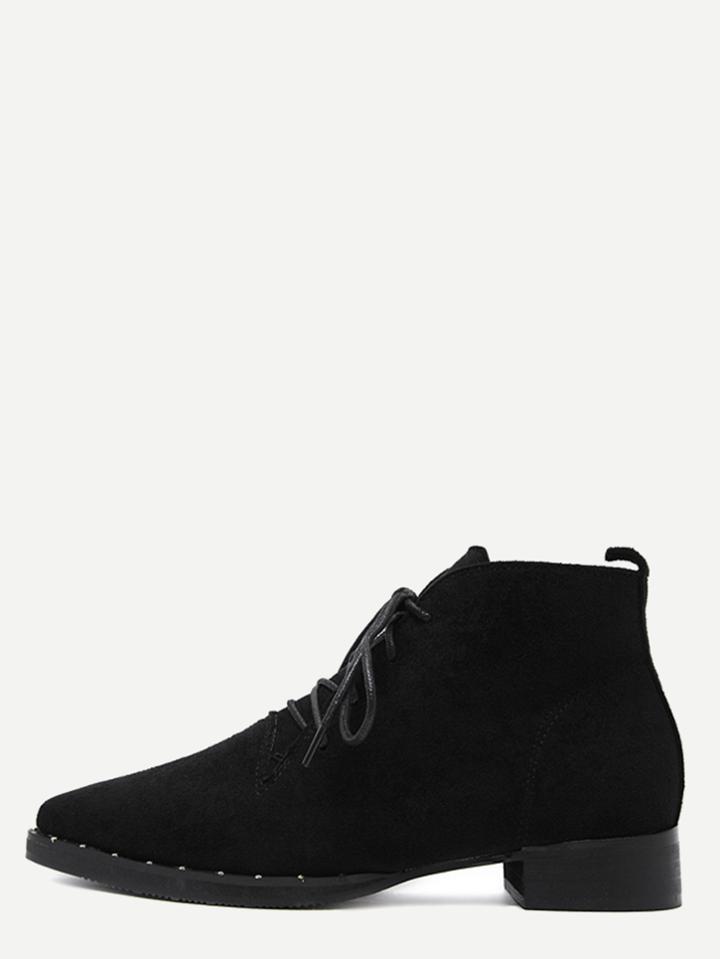 Romwe Black Suede Lace Up Pointed Ankle Boots