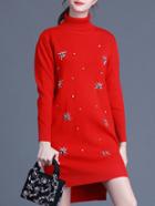 Romwe Red Stand Collar Long Sleeve Beading High Low Knit Dress