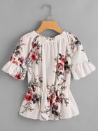 Romwe Ruffle Sleeve Floral Print Elastic Waist Blouse