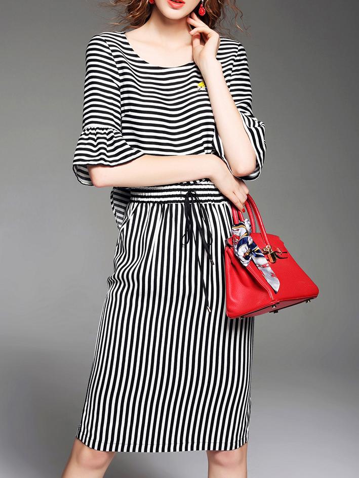 Romwe Black White Striped Bell Sleeve Drawstring Dress