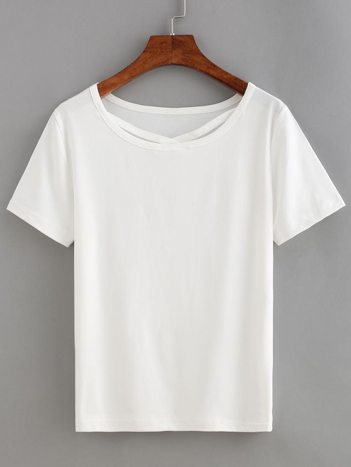 Romwe Strappy Neck T-shirt - White