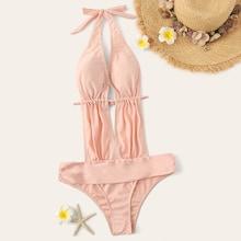 Romwe Drawstring Backless Plunge Neck Halter Monokini