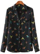 Romwe Multicolor Pockets Buttons Front Swallows Print Blouse