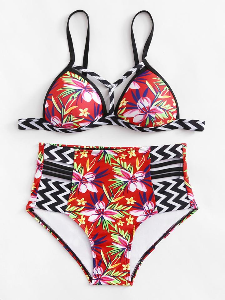 Romwe Flower Print Chevron Bikini Set