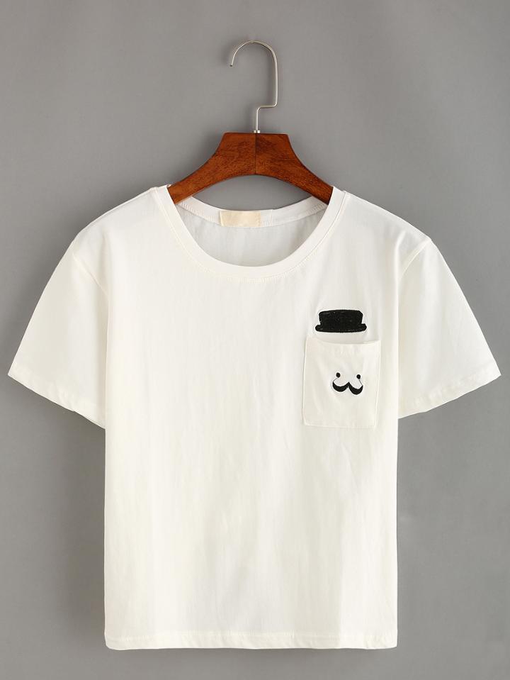 Romwe Embroidered Hat Man Pocket T-shirt - White