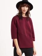 Romwe Burgundy 3/4 Sleeve Cut And Sew Ribbed Sweatshirt