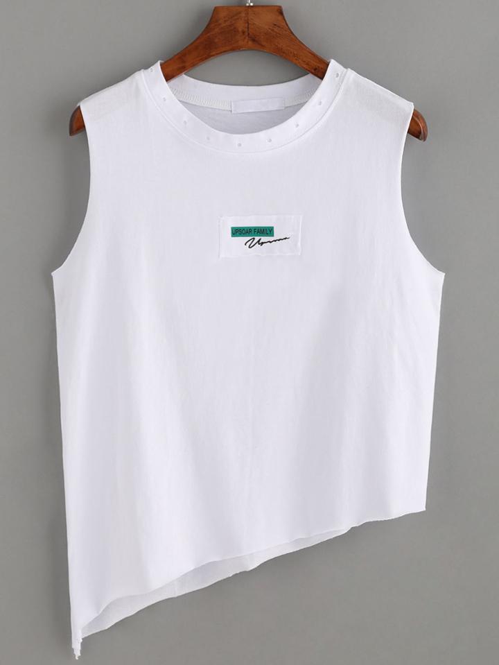 Romwe White Letter Print Patch Asymmetric Top