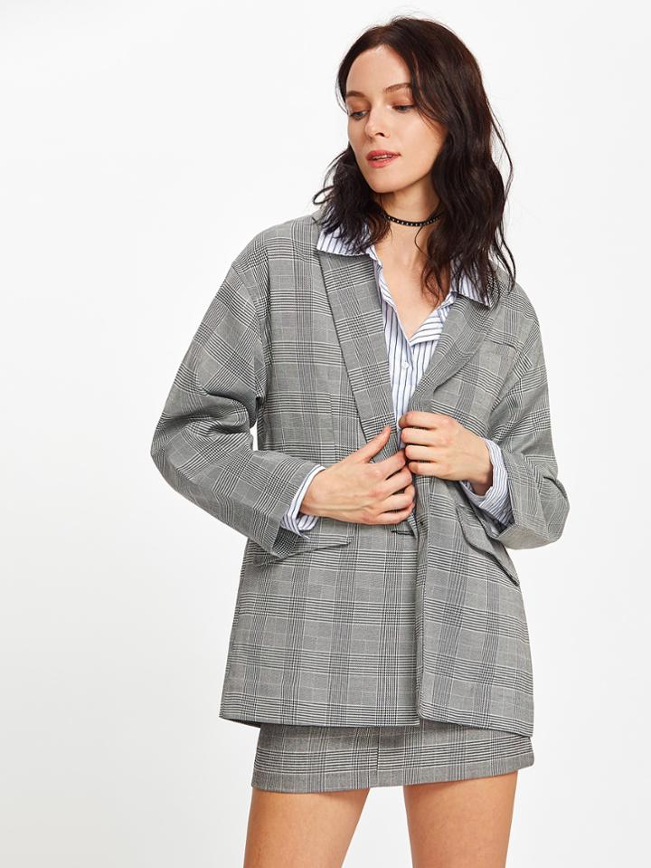 Romwe Single Button Plaid Boyfriend Blazer