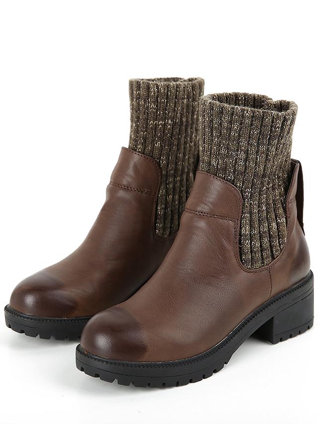 Romwe Brown Round Toe Contrast Sweater Boots