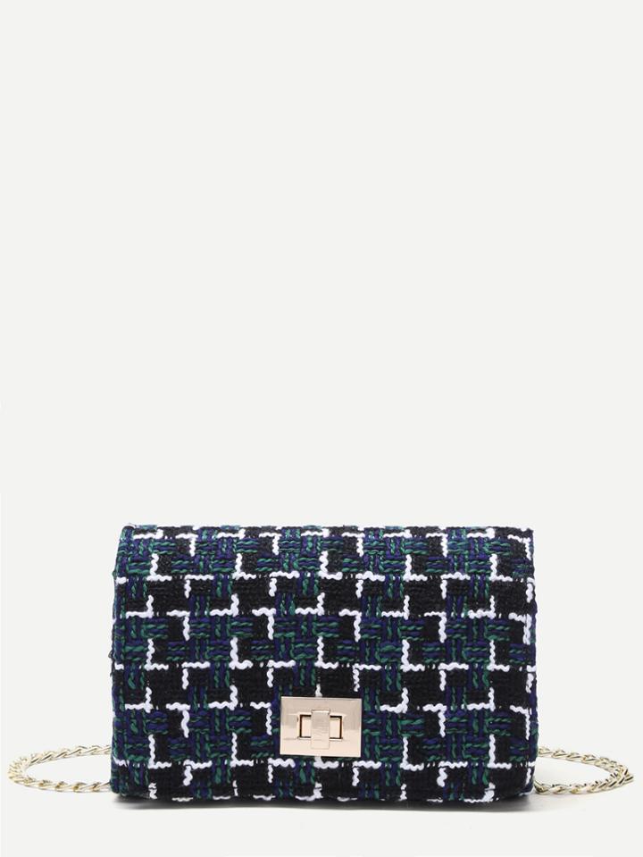 Romwe Black Plaid Twistlock Closure Boxy Chain Bag