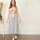 Romwe Knotted Striped Tube Top & Skirt Set