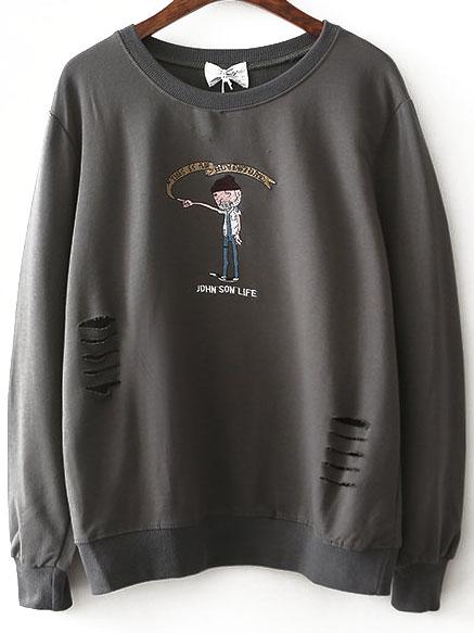 Romwe Grey Embroidery Ripped Sweatshirt