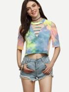 Romwe Multicolor Tie-dye Cutout Crop T-shirt
