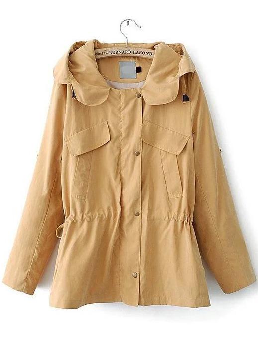 Romwe Hooded Drawstring Single Breasted Khaki Coat
