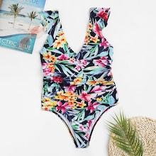 Romwe Random Flower Print Ruched One Piece Swimsuit