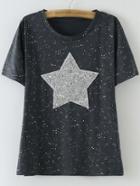 Romwe Black Short Sleeve Sequined Star Patch Casual T-shirt