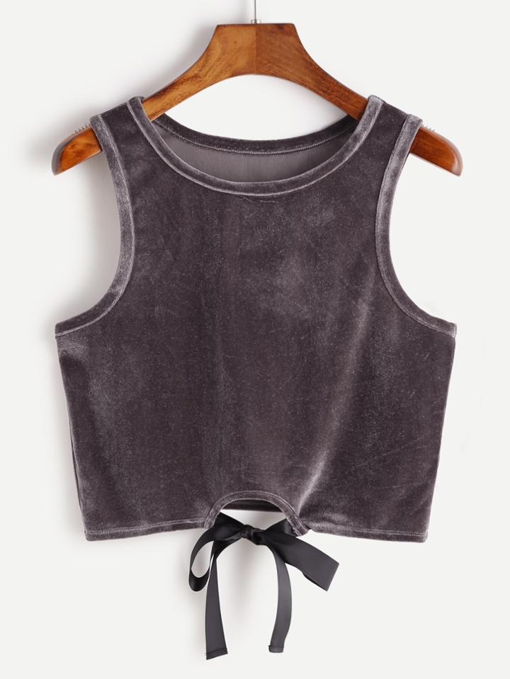 Romwe Purple Tie Front Crop Velvet Tank Top