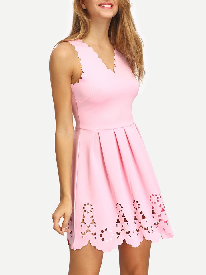 Romwe Scalloped Neckline Cutout Box Pleated Dress