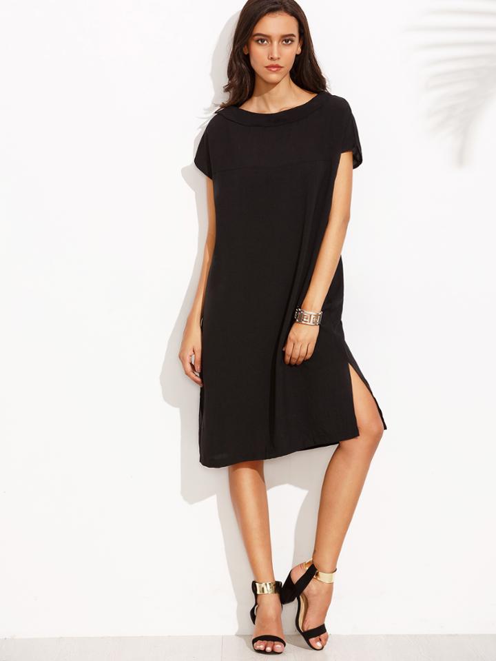 Romwe Black Pleated Back Shift Dress