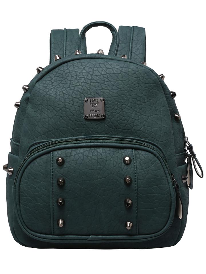 Romwe Green Zipper Studded Pu Backpack