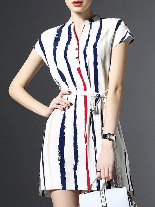 Romwe Nude V Neck Striped Tie-waist Dress