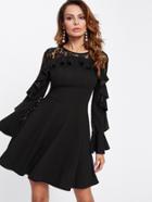 Romwe Contrast Lace Flounce Embellished Fitted & Flared Dress
