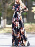 Romwe Long Sleeve Florals Maxi Black Dress