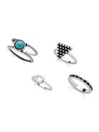 Romwe Antique Silver Turquoise Geometric Hollow Out Ring Set