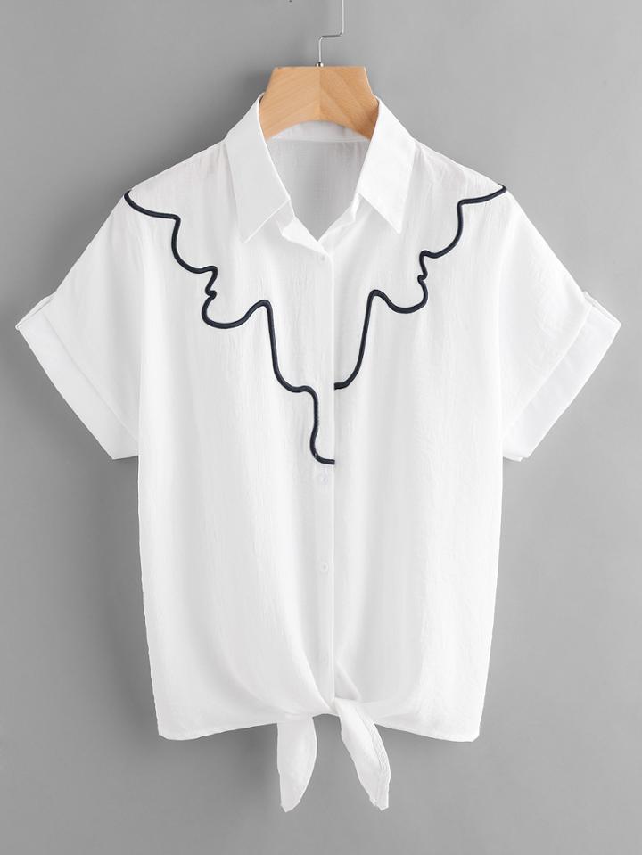 Romwe Embroidered Knotted Front Shirt