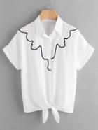 Romwe Embroidered Knotted Front Shirt
