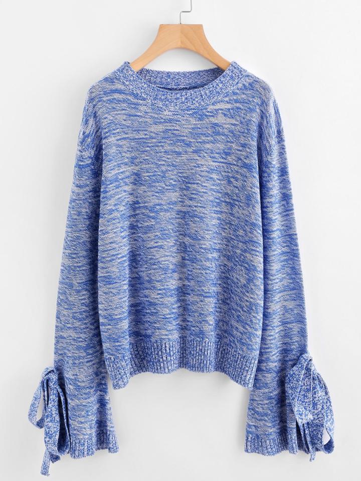 Romwe Marled Knit Bow Tie Fluted Sleeve Jumper