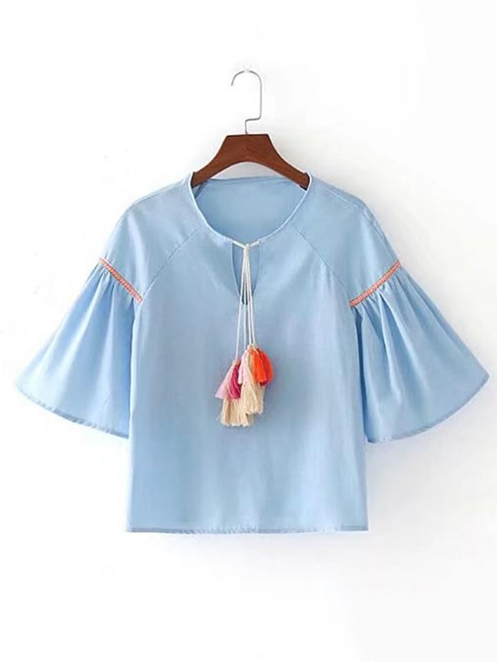 Romwe Bell Sleeve Tassel Tie Top