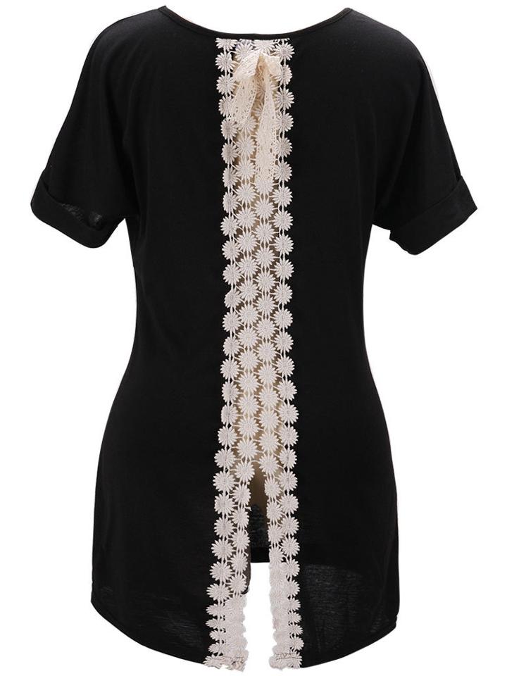 Romwe Contrast Lace Bow Slit Hollow Black T-shirt