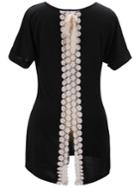 Romwe Contrast Lace Bow Slit Hollow Black T-shirt