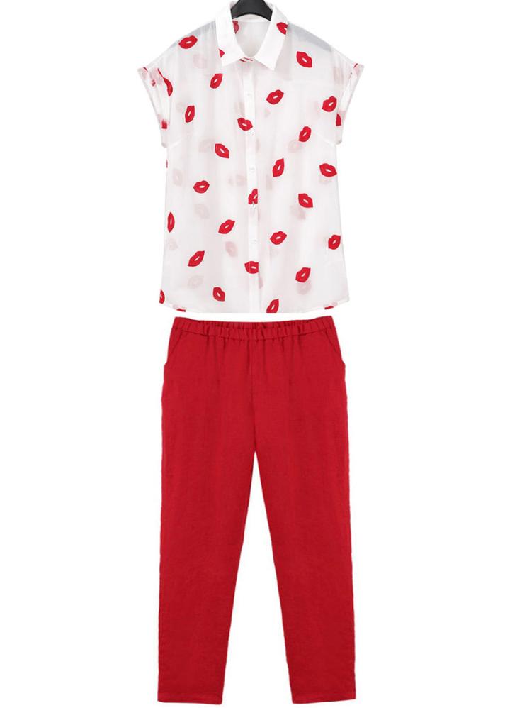 Romwe Lapel Lips Embroidered Top With Elastic Waist Pant