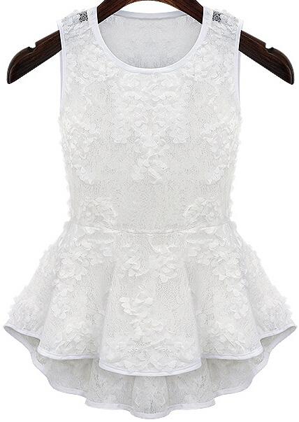 Romwe Sleeveless Ruffle Lace White Blouse