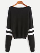 Romwe Black Ribbed Knit Striped Sleeve Sweater