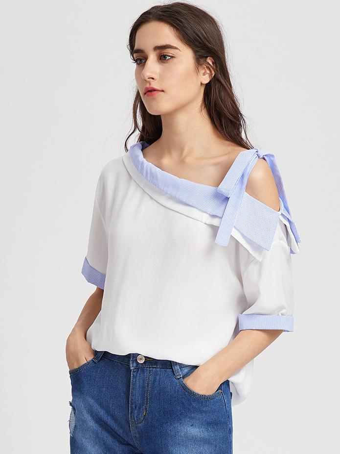 Romwe Asymmetrical Cold Shoulder Contrast Pinstripe Cuffed Top