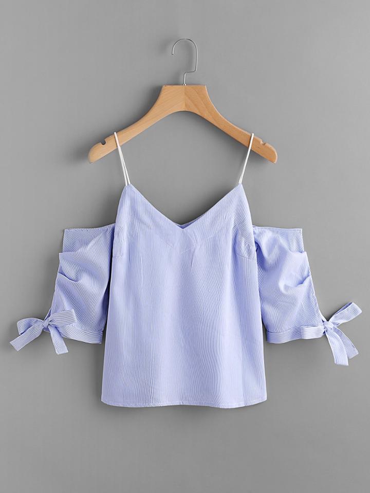 Romwe Open Shoulder Bow Tie Sleeve Pinstripe Blouse