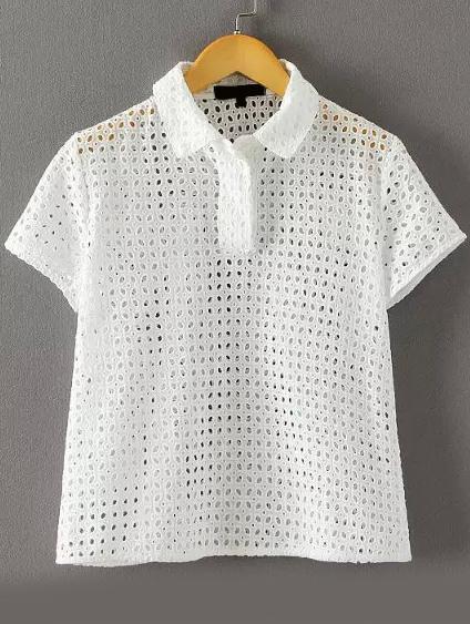 Romwe Lapel Short Sleeve Hollow Top