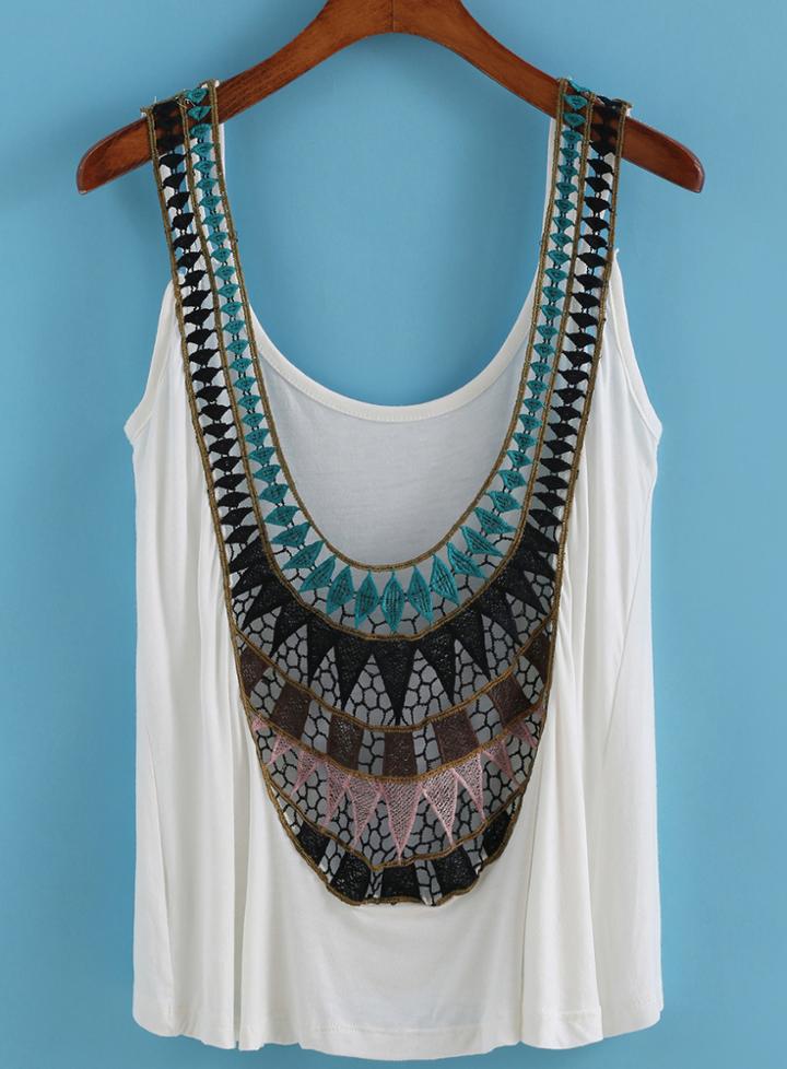 Romwe Scoop Neck Embroidered Tank Top