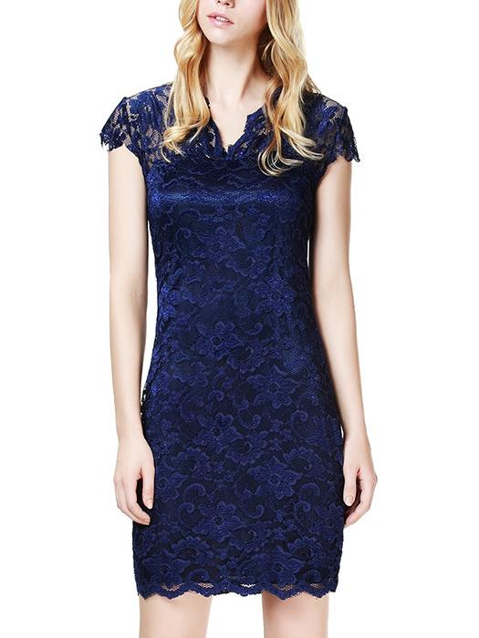 Romwe V Neck Lace Navy Bodycon Dress