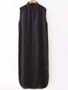 Romwe Black Sleeveless Lapel Embroidery Shirt Dress