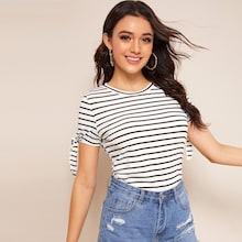 Romwe Knot Cuff Striped Tee